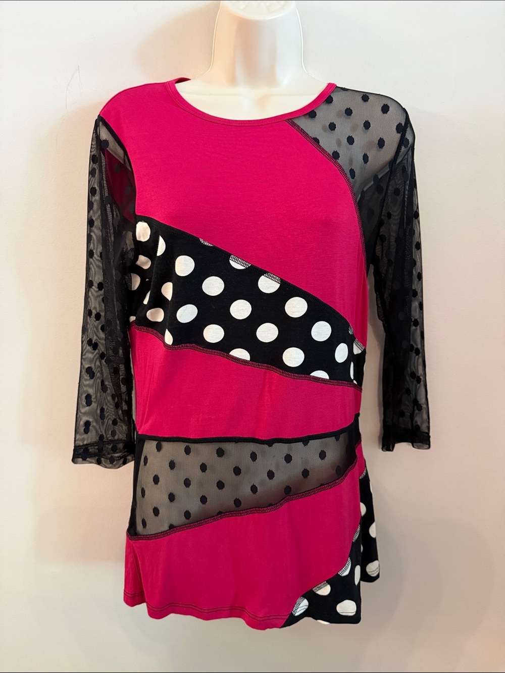 Lynn Ritchie Vintage Fuchsia Polka Dot Mesh Panel Blouse Y2K